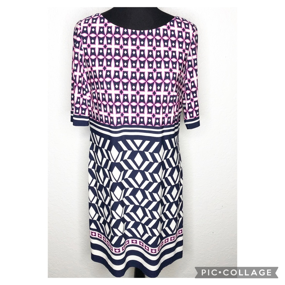Eliza J white navy pink geometric print shift dress size 12